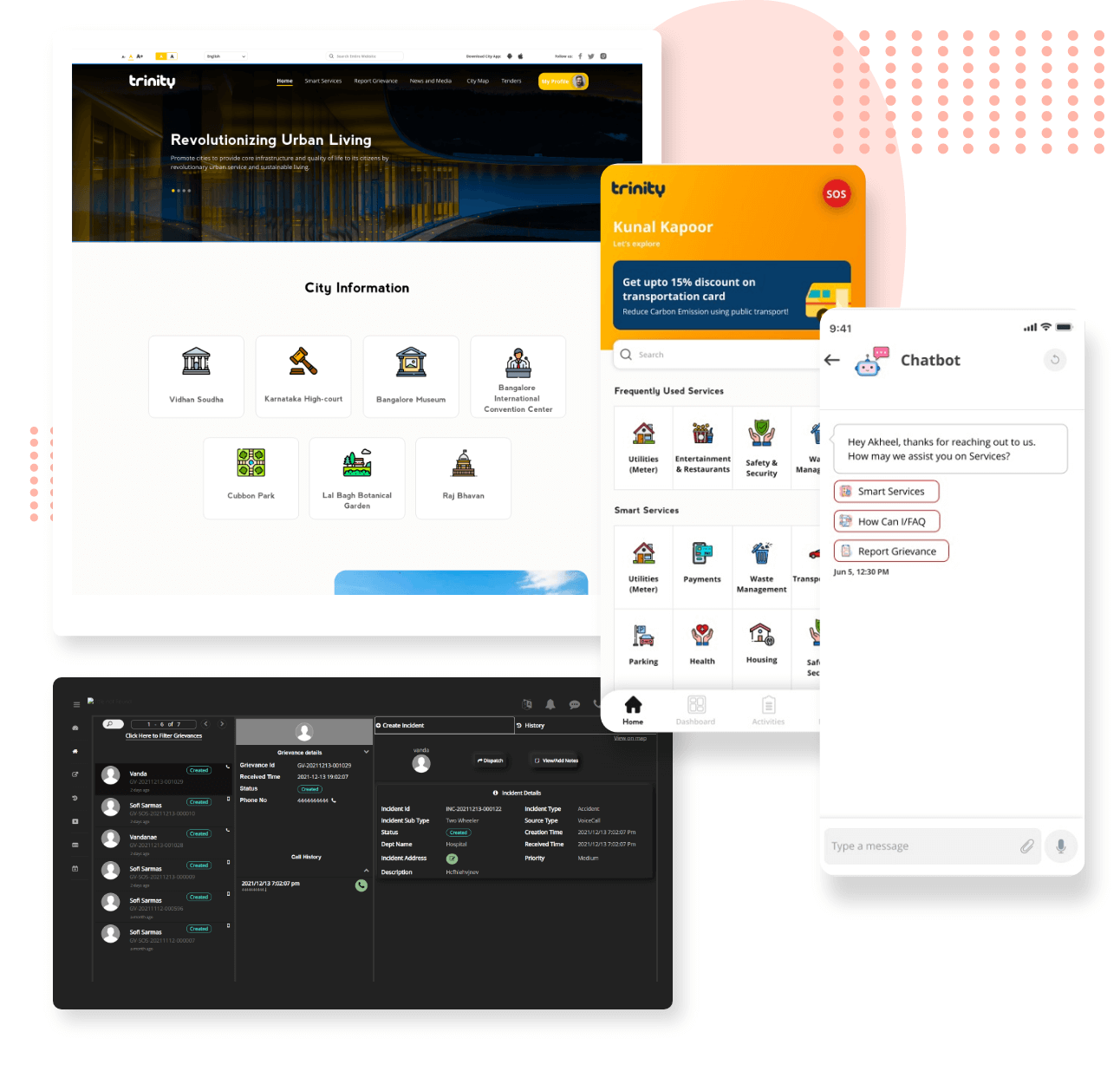 city app, web portal, chat bot and case management system user interface